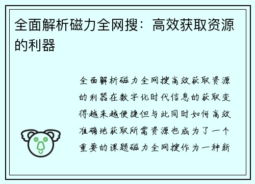 全面解析磁力全网搜：高效获取资源的利器